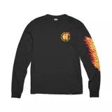 Remera de manga larga negra con logo de Etnies y Santa Cruz en el pecho y estampado de llamas en la manga derecha.