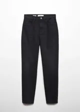 Pantalón de jean corte mom-fit, de tiro alto y color negro. Cuenta con cinco bolsillos, trabillas para cinturón y cierre frontal con cremallera y botón.