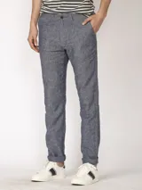 Pantalón de vestir azul de lino, marca Harry, con bolsillos laterales y traseros.