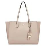 Cartera tipo tote Guess modelo Griffin, color beige, con textura granulada, doble asa de hombro y dije decorativo con forma de flores.