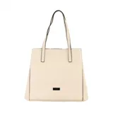 Bolso tipo shopper de la marca Terrano, confeccionado en material símil cuero color beige. Presenta un diseño minimalista con costuras en contraste, doble asa de hombro y placa metálica con logo en la parte frontal. Cuenta con cierre magnético y fuelles laterales extensibles con broches.