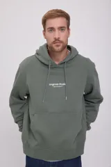 Canguro verde oliva de manga larga con capucha, corte relajado y bolsillo tipo canguro. Estampado con el texto "Originals Studio" en el pecho.