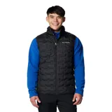Chaleco Columbia Delta Ridge II Down Vest de color negro, con diseño acolchado sellado térmicamente, cuello alto y cierre frontal completo. Cuenta con el logotipo de la marca estampado en el pecho.