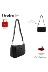 Bandolera negra de Las Oreiro, con textura granulada, cierre superior y correa ajustable. Presenta el logo de la marca en relieve en el frente y un forro interior rojo.