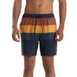 Short de baño Quiksilver Tijuana para hombre, con diseño a rayas horizontales en tonos naranja, amarillo y azul.