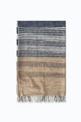 Pashmina liviana con diseño en bloques de color y rayas, combinando tonos azul marino, beige y blanco, con terminación de flecos en los extremos.