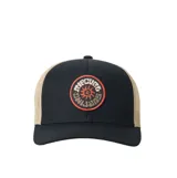 Gorra trucker Rip Curl color negro con red trasera beige y parche frontal circular bordado con diseño alusivo al surf.