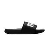 Ojotas Nike Offcourt Slide, color gris oscuro con tira ancha blanca y el nombre de la marca en relieve negro.