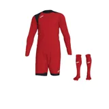 Conjunto de fútbol Joma para arquero, modelo Zamora IV Goalkeeper, color rojo con detalles en negro. Incluye camiseta de manga larga, short y medias.