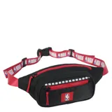 Riñonera negra con detalles en rojo y correa ajustable con el logo de la NBA.