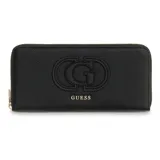 Billetera rectangular Guess modelo Isola, color negro con textura granulada. Presenta un logo central grande en relieve y el nombre de la marca en letras metálicas doradas. Cuenta con cierre perimetral y herrajes dorados.