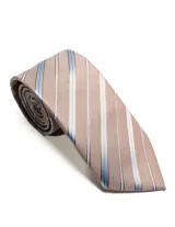 Corbata de seda azul marino con estampado paisley en tonos rosados y blancos.
