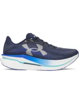 Championes de running Under Armour UA Velociti Pro 2, color azul marino con detalles en blanco, celeste y azul brillante. Presentan parte superior de tejido Leno elástico, entresuela reactiva con alto retorno de energía y suela de goma duradera.