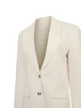 Chaqueta de lino RKF modelo Heron, color beige, con solapas estructuradas, cierre frontal de dos botones y bolsillos con solapa en los laterales.