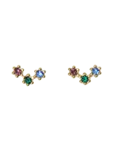 Par de aros tipo ear climber dorados con diseño de tres piedras de cristal engarzadas en colores rosa, verde y azul.
