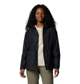 Chaqueta impermeable Columbia modelo Sweet Creek II Lined, color negro, con capucha, forro polar interior, cintura ajustable con cordón y bolsillos laterales de doble entrada.