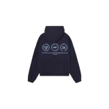 Hoodie oversized de color azul marino, con capucha y estampado gráfico en la espalda con diseño circular y texto.
