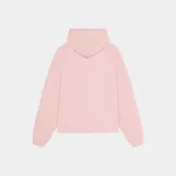 Hoodie de corte oversize color rosado con capucha, manga larga y estampa frontal del logo de la marca en tono marrón.