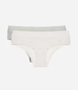 Kit de dos bombachas modelo bikini confeccionadas en viscosa suave. Una de las prendas presenta un estampado floral delicado, mientras que la otra es lisa. Ambas cuentan con una cintura de encaje y forro de algodón para mayor comodidad.