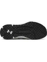 Championes Under Armour Phantom X de hombre, color negro con entresuela blanca y detalles en gris. Cuentan con parte superior de tejido transpirable, estructura de TPU en el mediopié con el logo de la marca en blanco y amortiguación de espuma.