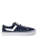 Championes de lona Pony modelo Old School Canvas Low, color azul marino con detalles en blanco. Presentan diseño de caña baja, suela de goma vulcanizada y el logo característico de la marca en el lateral.