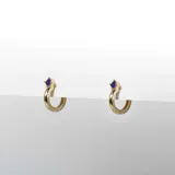Par de aros tipo argolla dorados con un pequeño cristal violeta. Fabricados en acero con baño de oro de 18k.