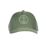 Gorro de béisbol verde militar con logo de ancla bordado en blanco.