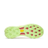 Championes de trail running Merrell Agility Peak 5, con diseño técnico en colores coral y verde lima. Presentan suela Vibram Megagrip de alto rendimiento, entresuela de espuma FloatPro para mayor amortiguación y empeine de malla transpirable con refuerzos de TPU.