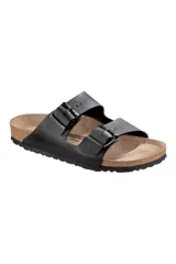 Sandalias Birkenstock Arizona negras con dos correas ajustables con hebillas metálicas. Plantilla anatómica de corcho y látex cubierta de gamuza. Suela de EVA flexible y ligera. Fabricadas en Alemania.