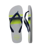Ojotas Havaianas Top Basic con base azul marino y estampado de rayas horizontales blancas y celestes.