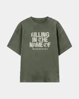 Remera gris con efecto acid wash y diseño oversize. Presenta un estampado frontal con la inscripción "KILLING IN THE NAME OF" y la frase "NOW YOU DO WHAT THEY TOLD YA".