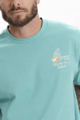 Remera de manga corta, color verde menta, con cuello redondo y un pequeño estampado gráfico en el pecho.