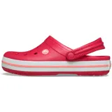 Zuecos Crocs modelo Crocband™ en color lila claro con plataforma blanca y una línea decorativa morada. Presentan el diseño clásico con orificios de ventilación y tira trasera ajustable.