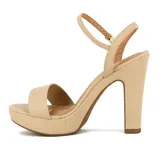 Sandalias de tacón alto Vizzano, color beige, con tira frontal ancha y tira ajustable al tobillo. Cuenta con plataforma delantera y tacón grueso.