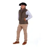 Chaleco negro capitoneado con cuello alto y cierre frontal con botones a presión.