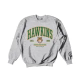 Buzo gris de cuello redondo con diseño estampado estilo universitario en el frente. El gráfico incluye la palabra HAWKINS en letras verdes con borde naranja, una ilustración de una cabeza de tigre, y texto complementario en inglés y japonés. Presenta un pequeño logo circular estampado en la manga.