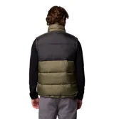 Chaleco acolchado Columbia, modelo Pike Lake II, con diseño bicolor en negro y verde militar. Cuenta con cierre frontal completo, cuello alto, bolsillos laterales con cremallera y tecnología Omni-Heat™ en el interior para retención de calor.