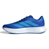 Championes de running Adidas modelo Duramo SL2, color azul con detalles en blanco y verde en la entresuela. Presentan diseño de malla transpirable y las icónicas tres bandas laterales en un tono azul más claro.