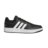 Championes Adidas Hoops 3.0 Low de estilo urbano, color negro con las tres bandas características en blanco y suela de goma blanca. Presentan un diseño de corte bajo con cierre de cordones y logo de la marca en el talón y la entresuela.