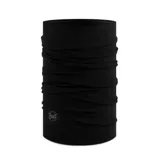 Cuello multifuncional de lana merino color negro, de diseño tubular y tejido ligero, ideal para actividades al aire libre.