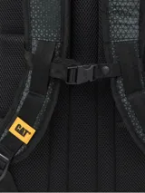 Mochila Caterpillar Barry de color negro con estampado geométrico sutil, compartimento principal amplio, bolsillo frontal con organizador y logo de la marca, compartimento acolchado para laptop, bolsillos laterales de red y correas ajustables.