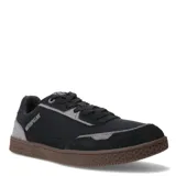Championes urbanos Caterpillar modelo Pause Retro Canvas, color negro con detalles en gris. Confeccionados en una combinación de lona resistente y gamuza, con suela de goma color marrón con textura hexagonal y logo de la marca en el lateral y la suela.