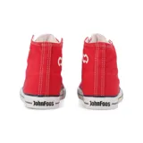 Zapatillas de lona rojas, estilo botita, con cordones blancos y suela de goma blanca.