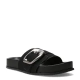 Sandalias de mujer Miss Carol modelo Zafira, color negro, tipo pala con suela plana y tira ancha decorada con una gran hebilla metálica plateada.