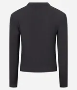 Blusa gris oscuro texturizada de poliéster y elastano, con cuello alto, mangas largas y detalle de fruncido lateral.