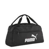 Bolso deportivo Puma Phase Small Sports Bag, color negro con logo Puma en blanco. Cuenta con doble asa de mano, correa de hombro ajustable, cierre superior y bolsillo lateral de malla.