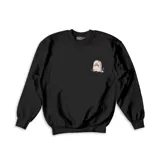 Buzo de cuello redondo y manga larga, color negro, con diseño estampado de una lápida en el pecho.