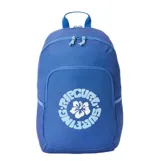 Mochila Rip Curl modelo Ozone 2.0 de 30 litros, color azul. Confeccionada en poliéster reciclado, cuenta con compartimento principal con cierre, bolsillo frontal con cierre y el logo circular de la marca estampado con una flor en el centro.