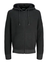 Campera tipo hoodie tejida en punto plano, color gris oscuro, con cierre frontal completo, capucha con cordones ajustables y puños y ruedo acanalados.