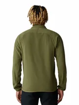 Campera polar verde militar con cierre frontal completo, cuello alto y bolsillos laterales con cierre. Confeccionada en tejido de vellón polar, cuenta con mangas raglán y pequeño logo de la marca bordado en el pecho.